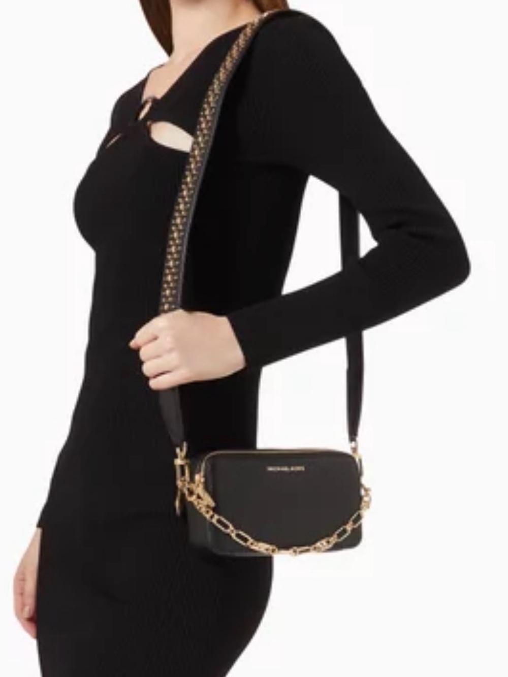 Michael Kors Black Leather Crossbody with Gold Chain Accent